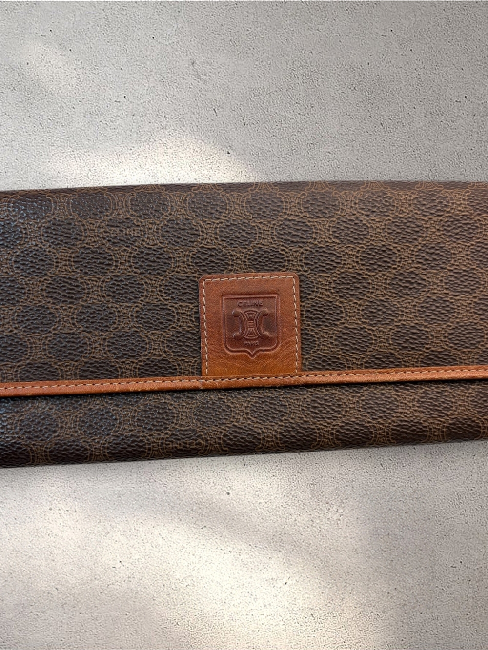 Vintage Celine Macadam Blason Long Flap Wallet Brown Tan Leather Continental